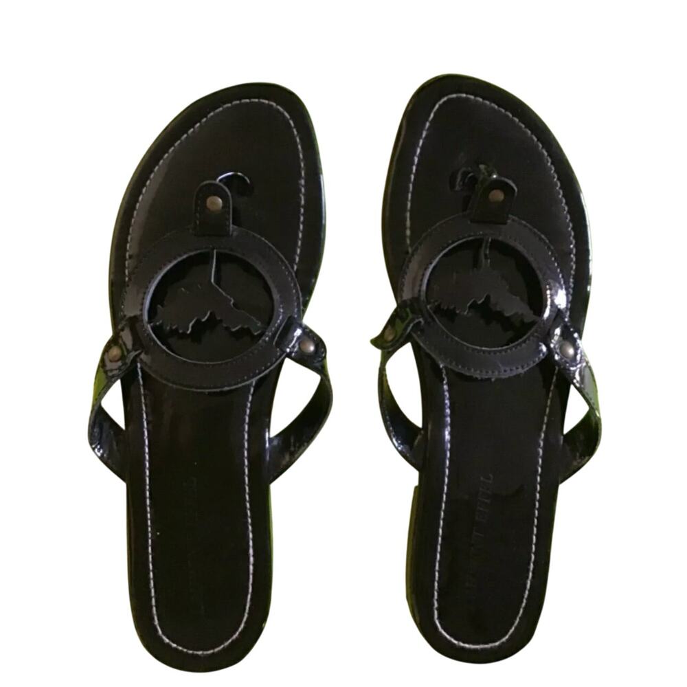 EUC Vintage 2000s Y2K Laurent Effel Black Patent Leather Logo Sandals